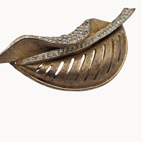 VTG Brooch Gold Tone Leaf Botanical Rhinestone Falling Tree Autumn Fall Harvest - Picture 7 of 13